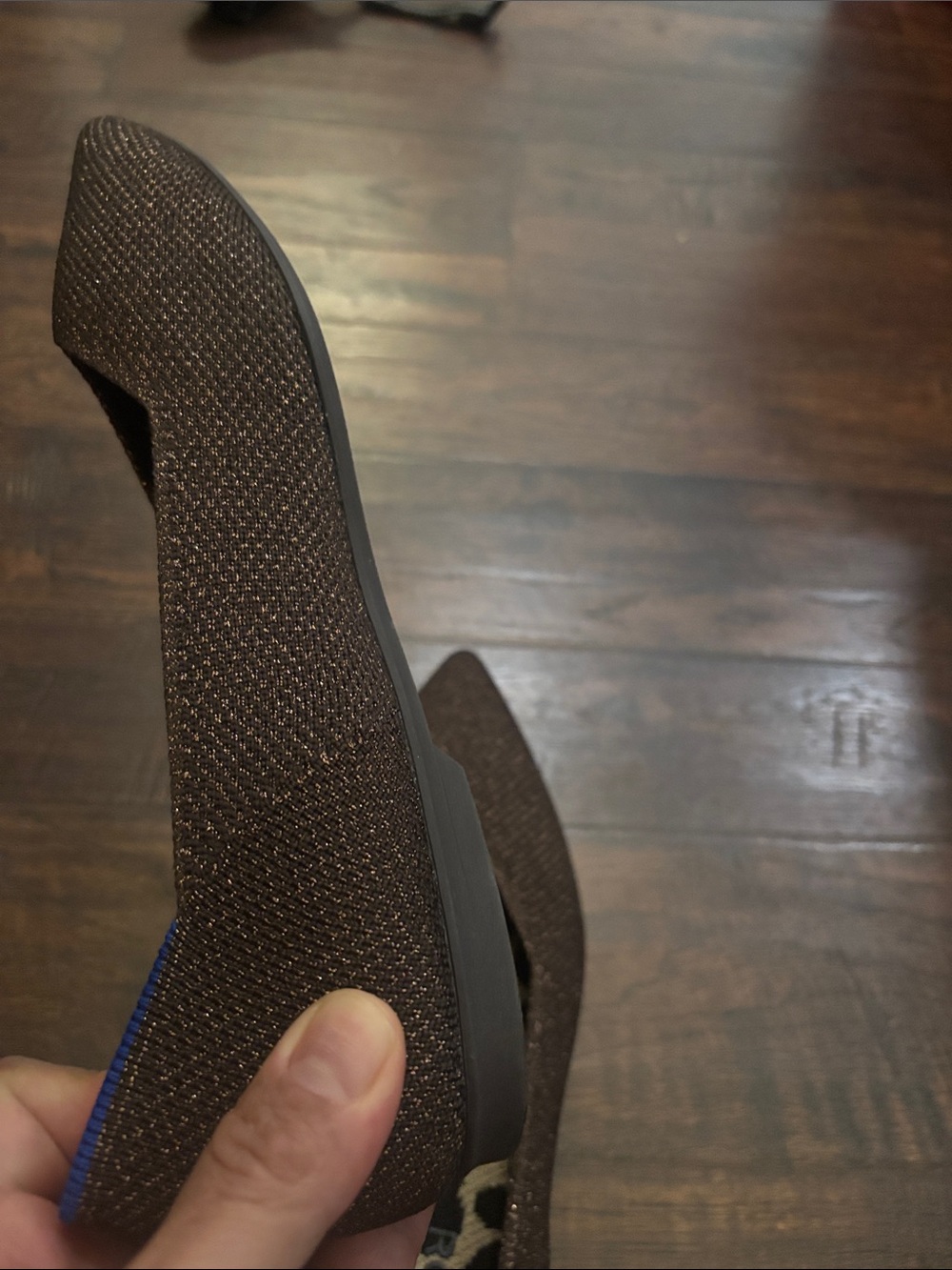 Rothy's Pointed Toe Flats in Dark Brown with Blue Trim - Picture 4 of 6